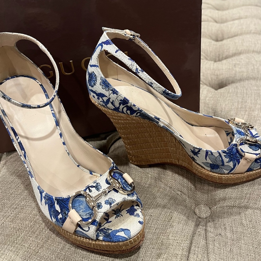 Gucci Blue and White Floral Wedge Sandals with Ankle Strap